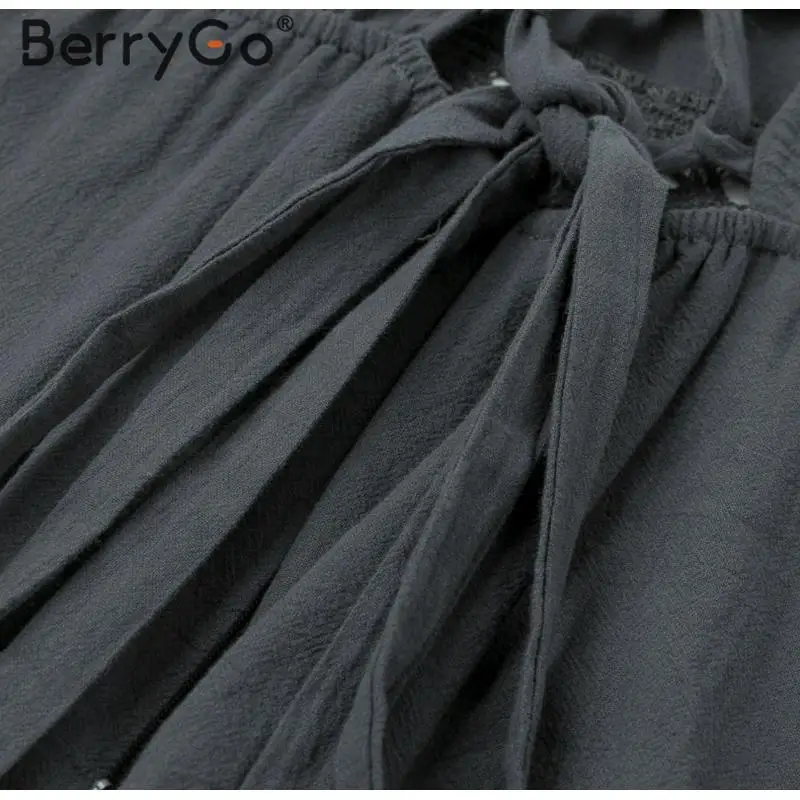 BerryGo женское Хлопковое платье на шнуровке с открытой спиной, элегантное платье с рукавами-фонариками, женское повседневное осеннее короткое платье для вечеринок
