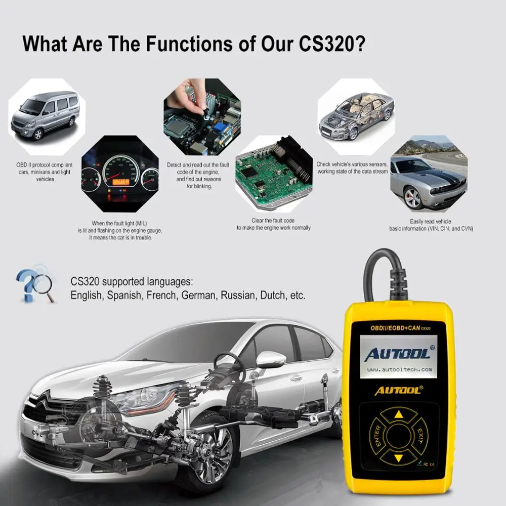 AUTOOL CS320 Автомобильный сканер OBD2 считыватель кода неисправности двигателя