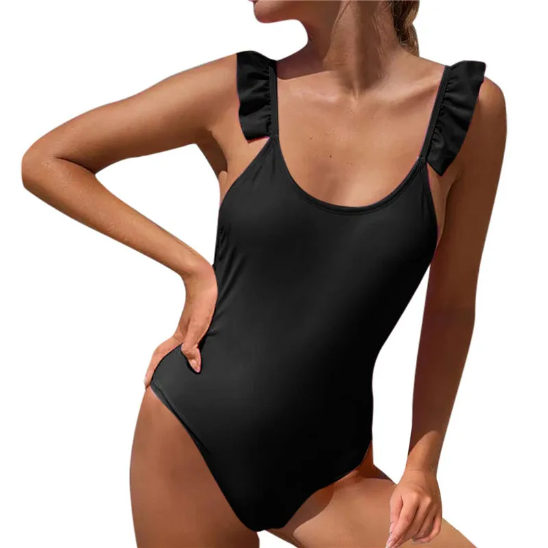 Женский слитный однотонный купальник с оборками на рукавах стильный Однотонный