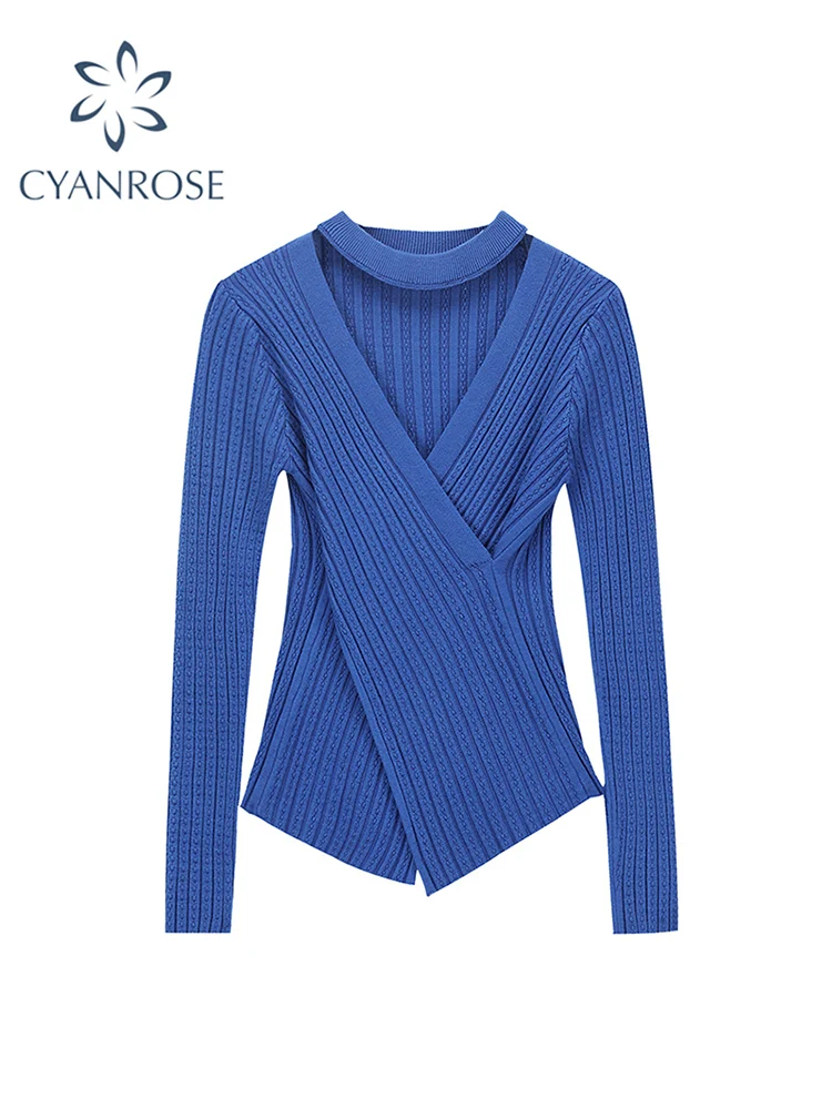 

Women's Rhine Blue Sweater Sexy V-Neck Slim Casual Knitted Pullovers Female Elegant Soft Trendy Vintage Jumper Tops 2022 Spring
