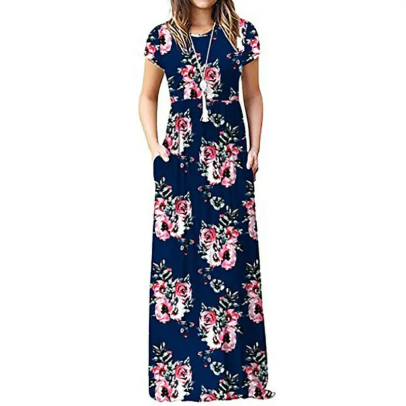 

Женское платье с круглым вырезом, коротким рукавом и цветочным принтом