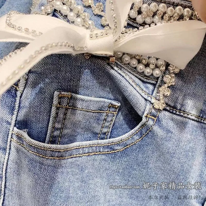 

2021 New Rhinestone Beaded Bowknot Stretch Denim Pencil Pants Tight High Waist Denim Cropped Skinny Jeans Women Trousers