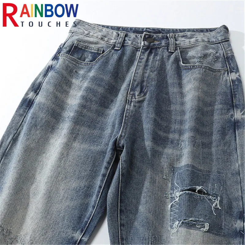 

Rainbowtouches Jeans Men Loose Version Casual Hip-Hop High Street Patch Broken With Embroidery To Make Old Vintage Jeans Pants