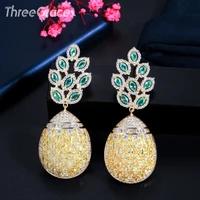 threegraces luxury yellow green cubic zirconia long big leaf shape drop dangle earrings for women wedding party jewelry er617