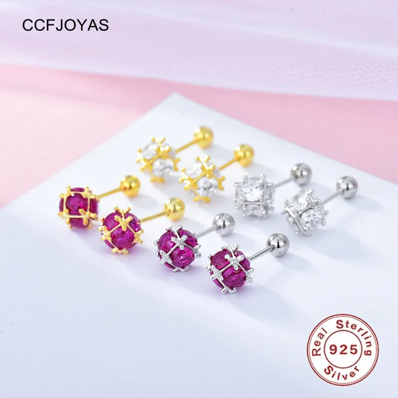 

CCFJOYAS 925 Sterling Silver White/Rose red Zircon Ball Stud Earrings for Women Korean Style INS Cute Piercing Earrings 2021