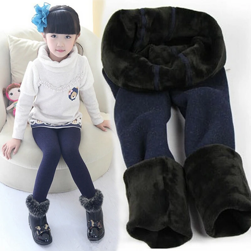 

New Winter Fur Baby Girls Leggings Children Pants Kids Thick Warm Elastic Waist Colorful Cotton Plus Velvet Leggings For Girl