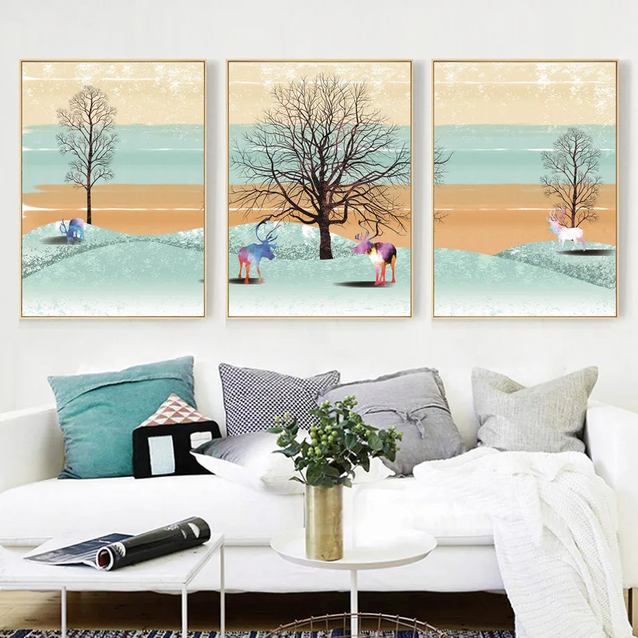 

Cartoon Style Mural Fairy Tale Rainbow Elk Frameless Poster Home Bedroom Fresco Living Room Decoration Canvas Painting Print