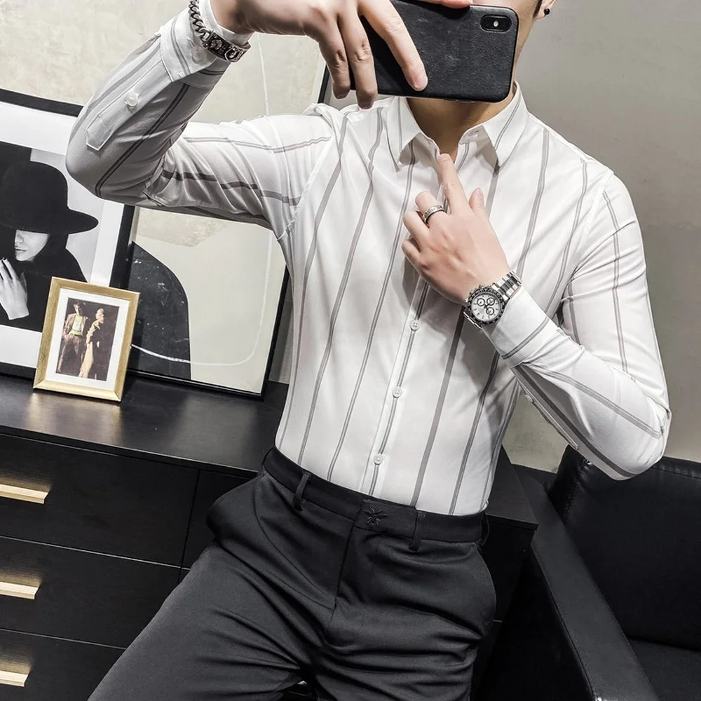 

Мужская рубашка в полоску, винтажная приталенная деловая рубашка, топы с длинным рукавом