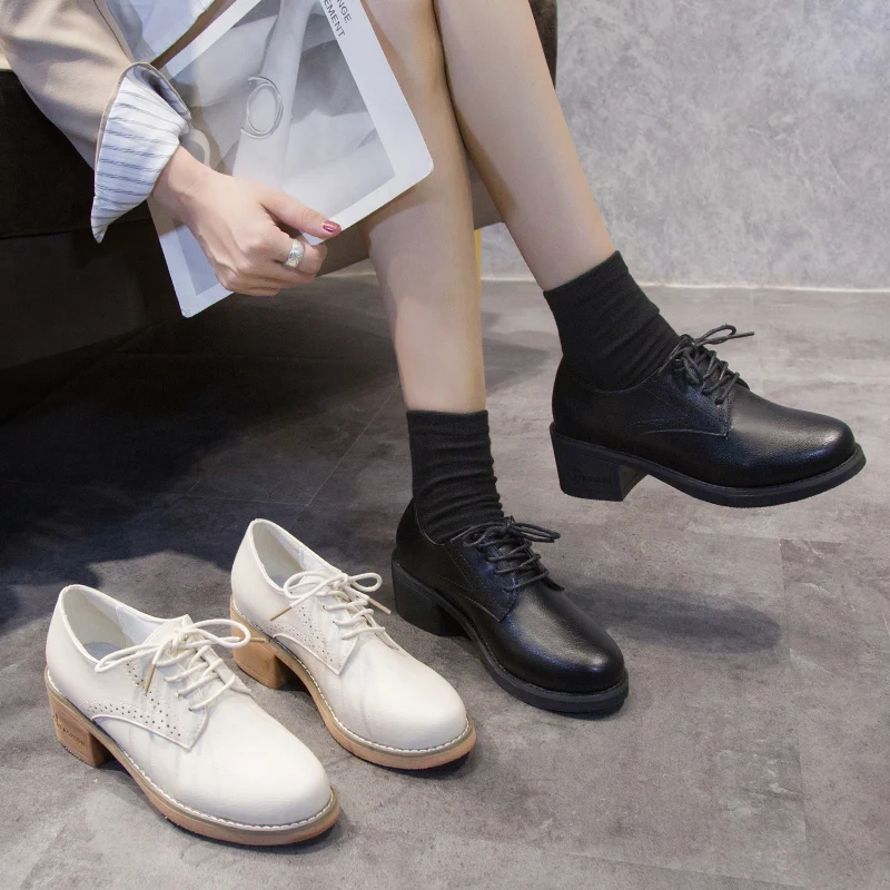 

Spring New Ladies Small Leather Shoes Round Toe Shoes Lace-up Casual Low-top Shoes Square Heel Mid-heel Increased Single Shoes