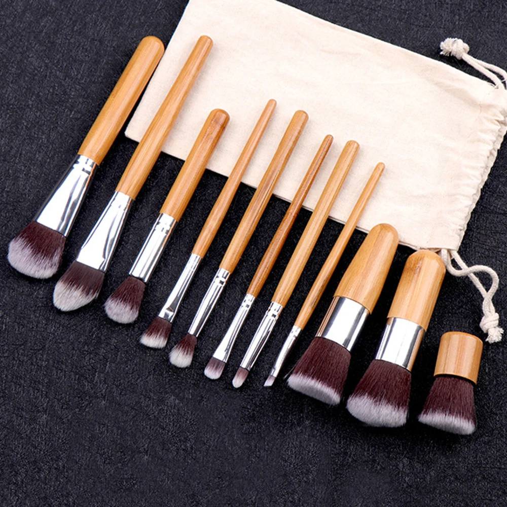 

11Pcs Bamboo Synthetic Makeup Brush Set Powder Blending Concealer Eye Shadows Blush Cosmetics with Organizer Bag