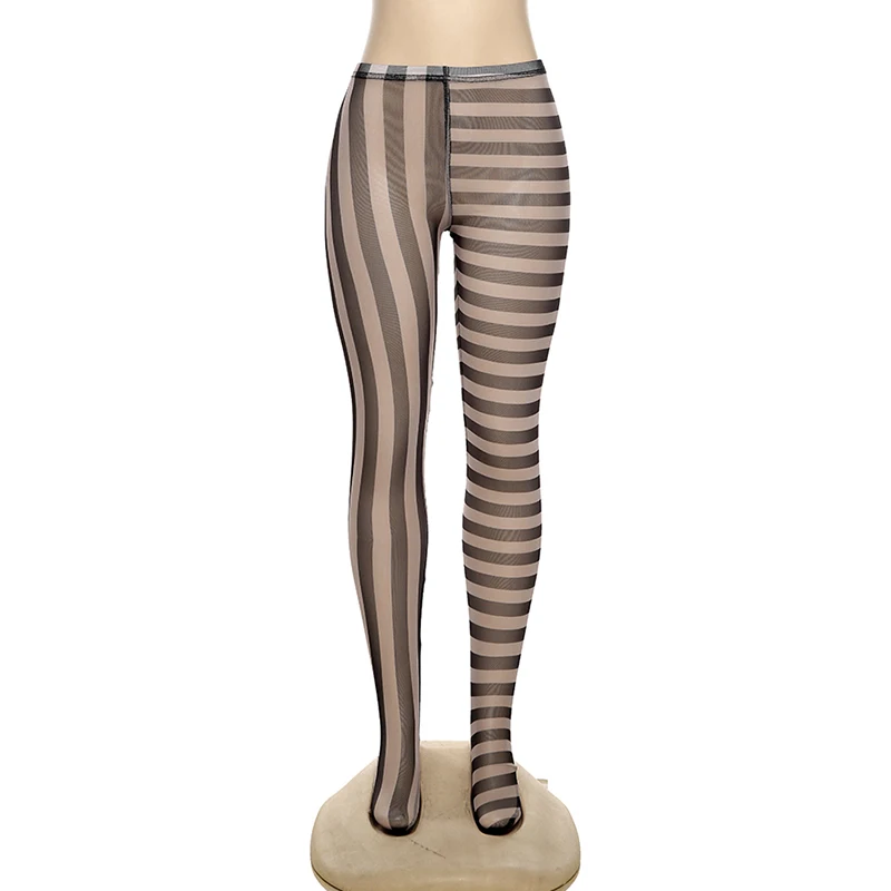 

Sexy Rock Punk Gothic Black Slim Pants Tights Pantyhose Women Mesh Horizontal/Vertical Stripe Leggings 2021 Summer
