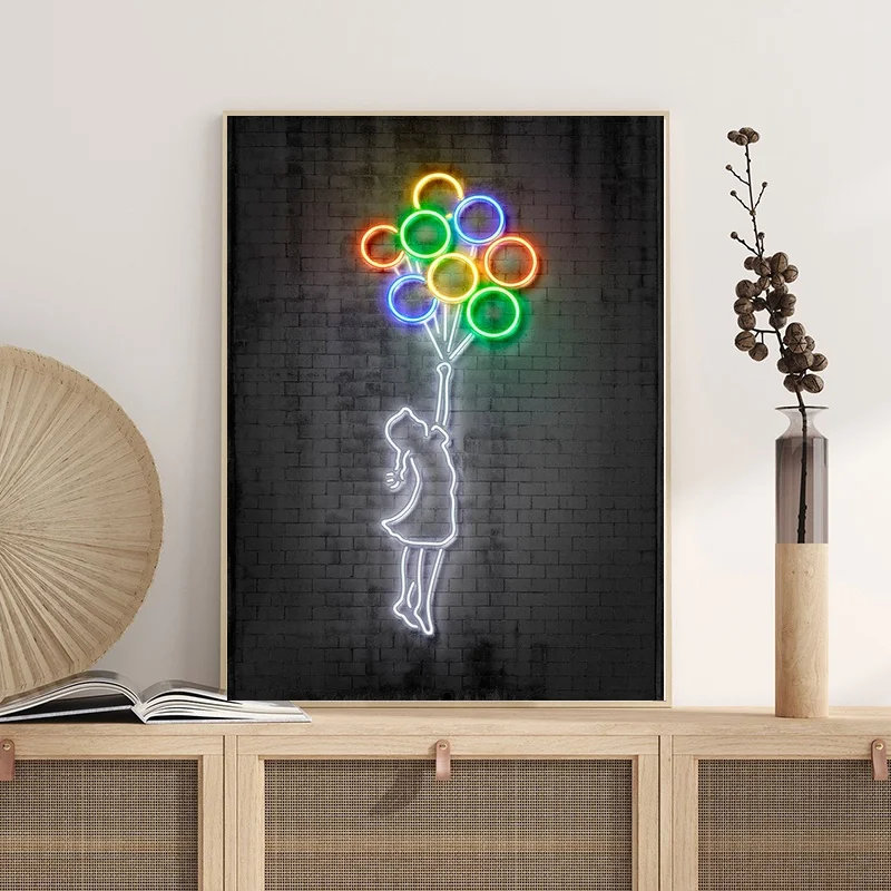 

Девушка с воздушным шаром, настенное искусство, неоновый подарок для ее неоновой печати, неоновая настенная вывеска, Декор, уличное искусст...