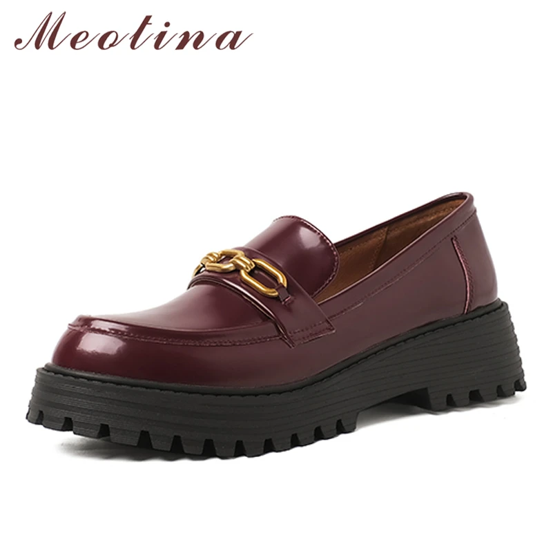 

Женские лоферы из натуральной кожи Meotina, весенние туфли-лодочки на толстом каблуке, с цепочкой и круглым носком, винного цвета