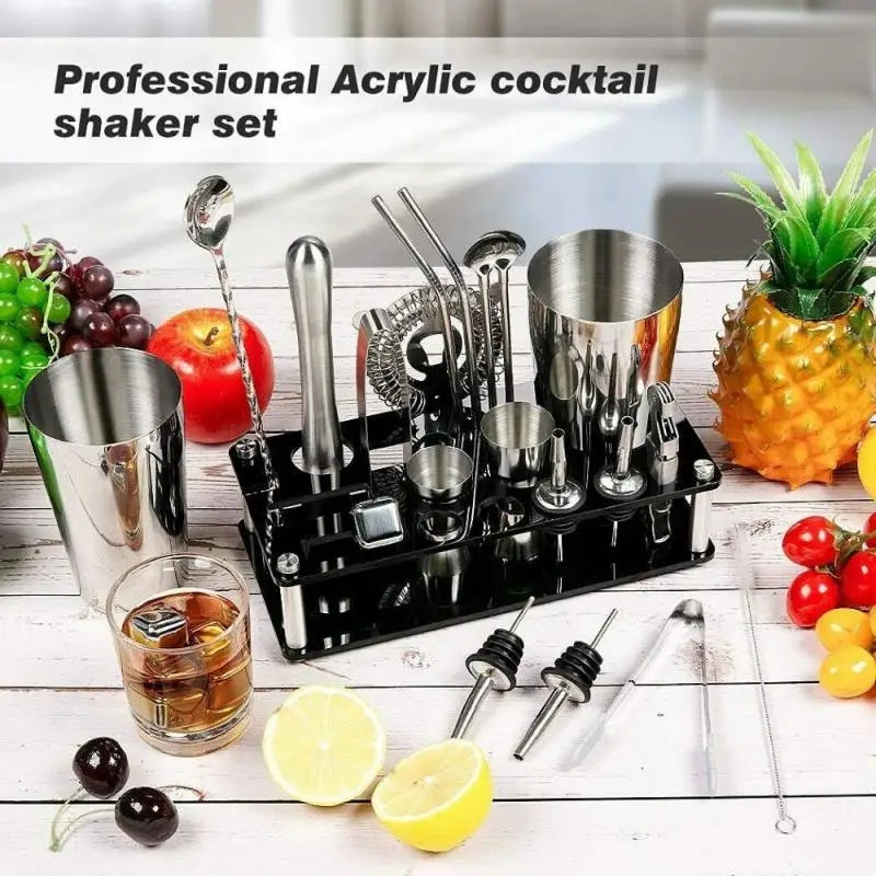 

23PCS Boston Cocktail Shaker Mixer Set Stainless Steel Drink Mixing Bartender Kit With Ice Grain Acrylic Stand Martini Bar Tools