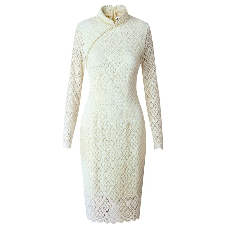

2021 early spring celebrity temperament dress French retro cheongsam pearl dress Plush dress 9421