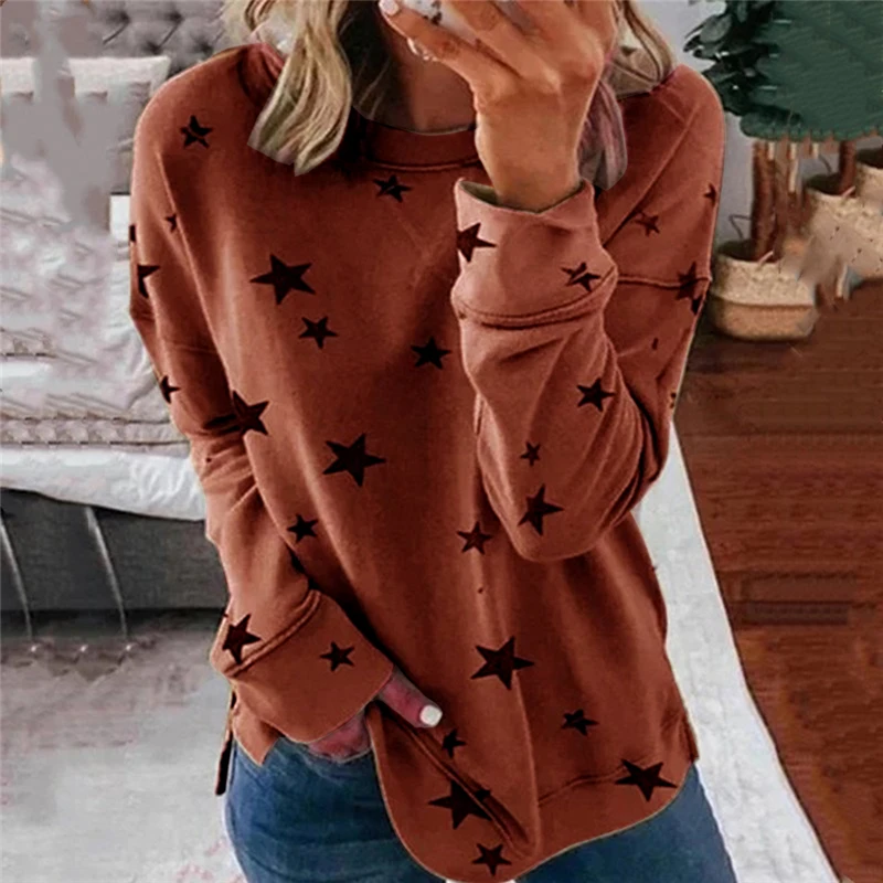 

2020 NEW Spring Eight Sizes Women Star Printed Solid Color Round Collar Long Sleeve Loose Cool T-Shirt