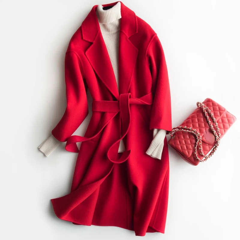 

Autumn New Red Women Wool Coat Slim Long Korean Style 100% Woolen Coats Double-sided Winter Women's Clothing Veste Femme WPY4181
