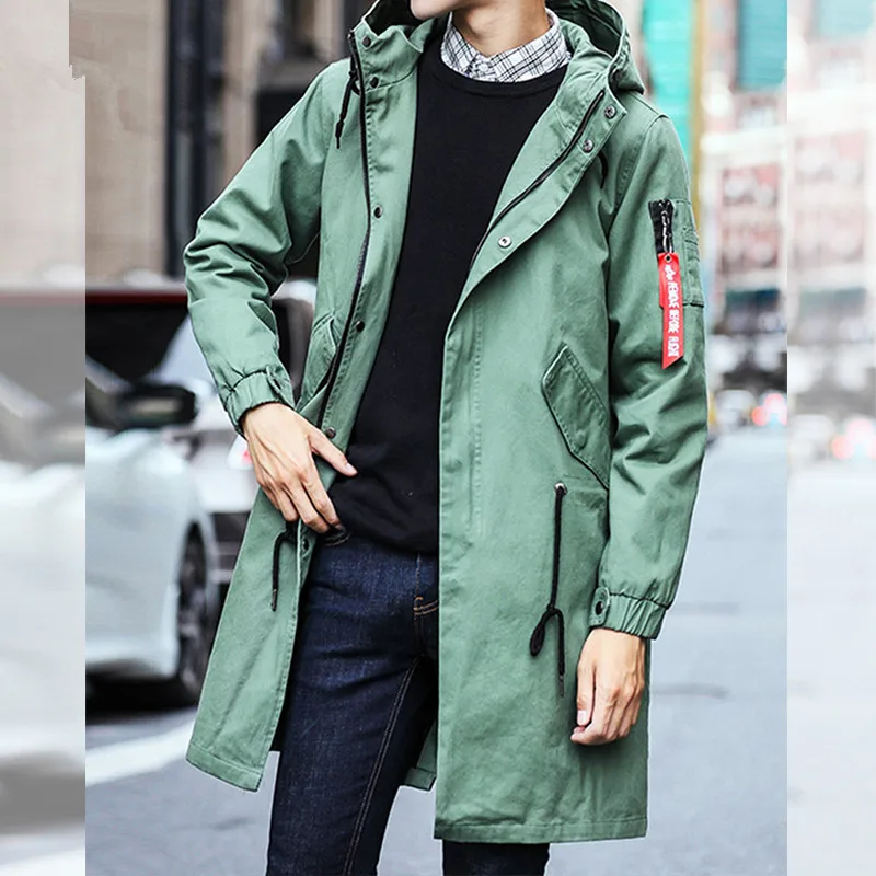 

Long Trench Coat Jacket Men Cotton Autumn Spring Black Hip Hop Japanese Coats Streetwear Men's Hooded Army Green Casual Jackets