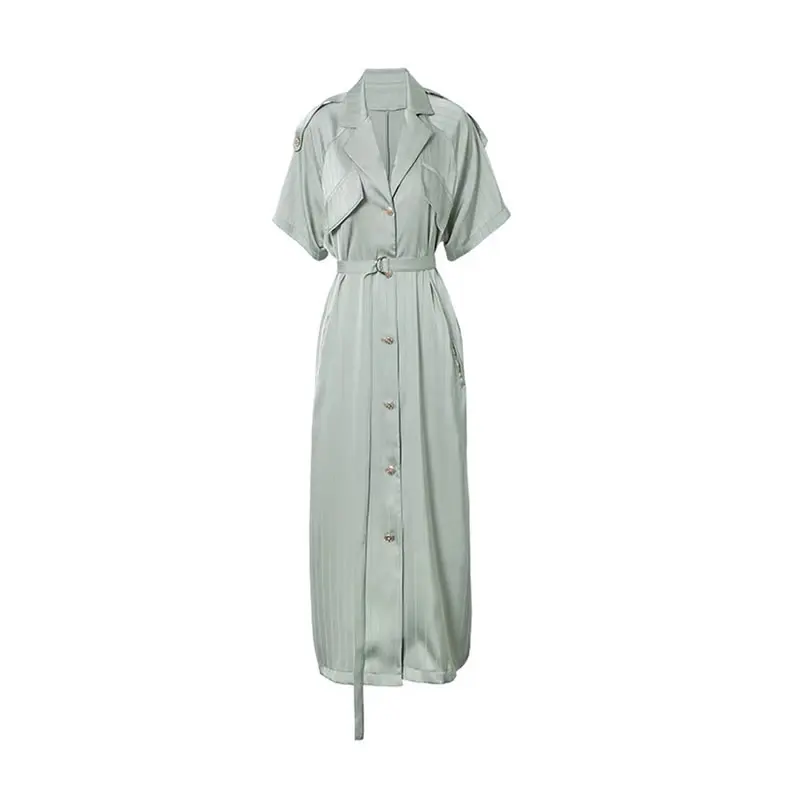 

XITAO Stripe Single-breasted Dress 2021 Summer New Style Elegant Temperament Loose Belt Mid-length Solid Color Dress CLL1142