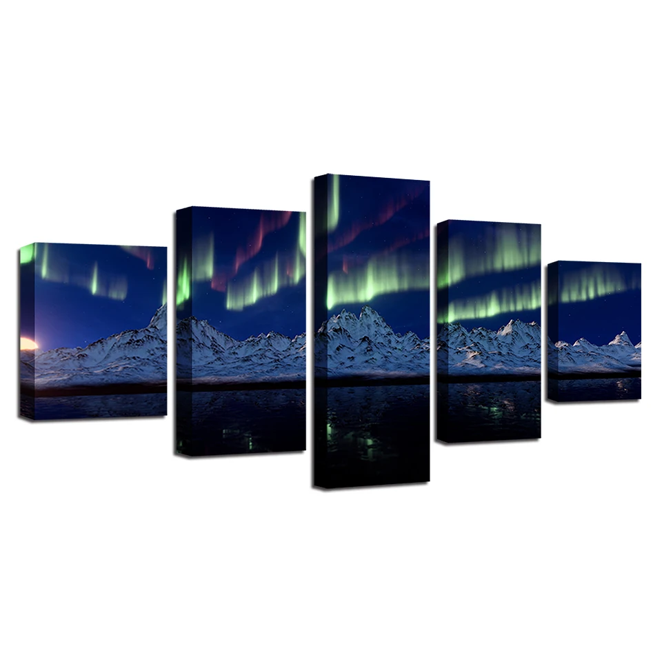 

Modular Poster Canvas Pictures 5 Pieces Mountain Lake Auroras Night Scene Paintings Wall Art Decor For Living Room Modern Prints
