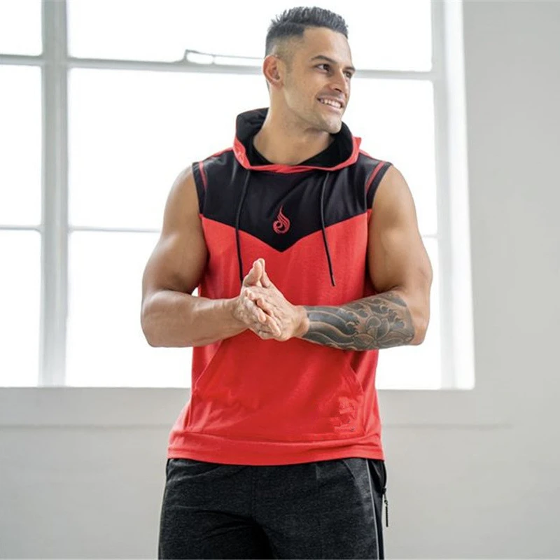 

Bodybuilding Tank top Men Stitching Breathable Fitness Workout Sleeveless Sweatshirt Cotton Hooded Vest Male Casual Undershirt