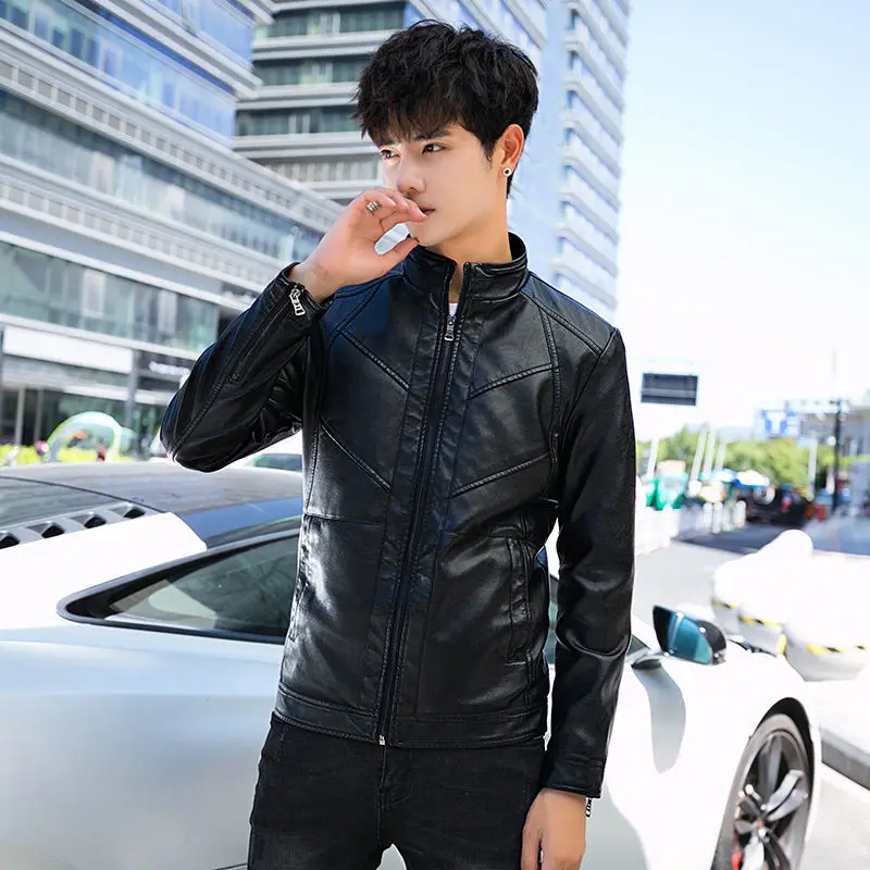 

Leather Coat Men 's 2021 Spring And Autumn Korean Style Teenagers Stand Collar Long-Sleeved Cardigan Jacket