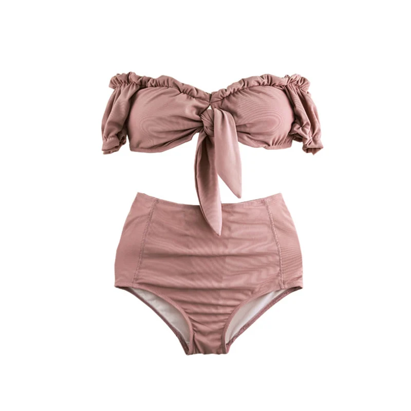 Женский купальный костюм с чашками пуш-ап и открытыми плечами завышенной талией |