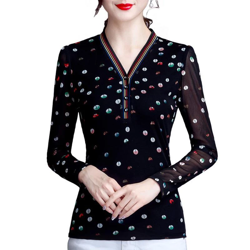 

Женские весенне-Летние Стильные Кружевные блузы с длинным рукавом и V-образным вырезом, топы с принтом в горошек RR0028