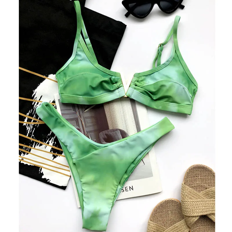 

Sexy Green Bikini Set Gradient V Neck Swimsuit Women Push Up Swimwear Summer Brazilian Beachwear High Cut Bathing Suit