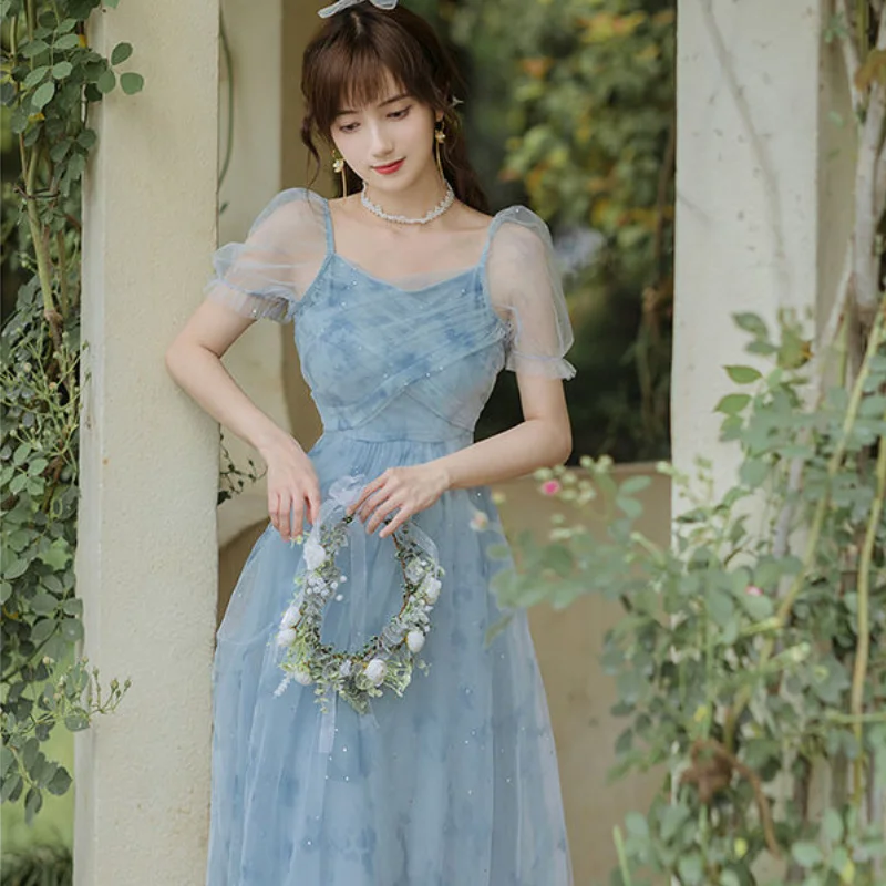 

Vintage Puff Sleeve Mesh Dress Women Summer Sweet Elegant Slim Fairy Dress 2021 Sashes Designer Evening Party Long Dress Korean