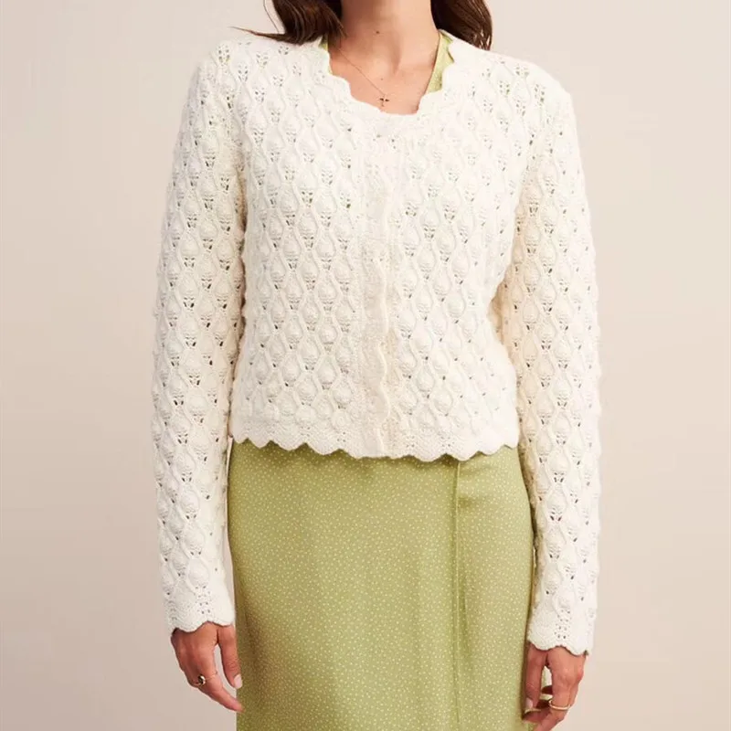 Женский вязаный свитер ажурный Кардиган с длинным рукавом однобортное короткое