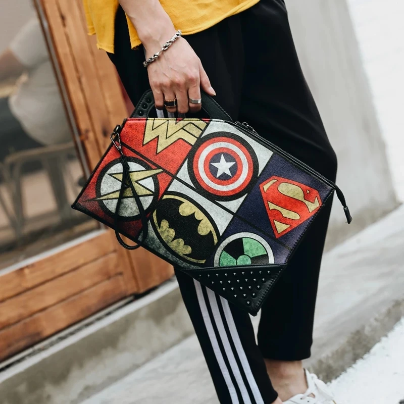 Fashion Men's Bag  Rivets Handbag Superhero Large Capacity Bag  Cartoon Prints Clutch Bag Street Fashion Leisure CrossBody Bag