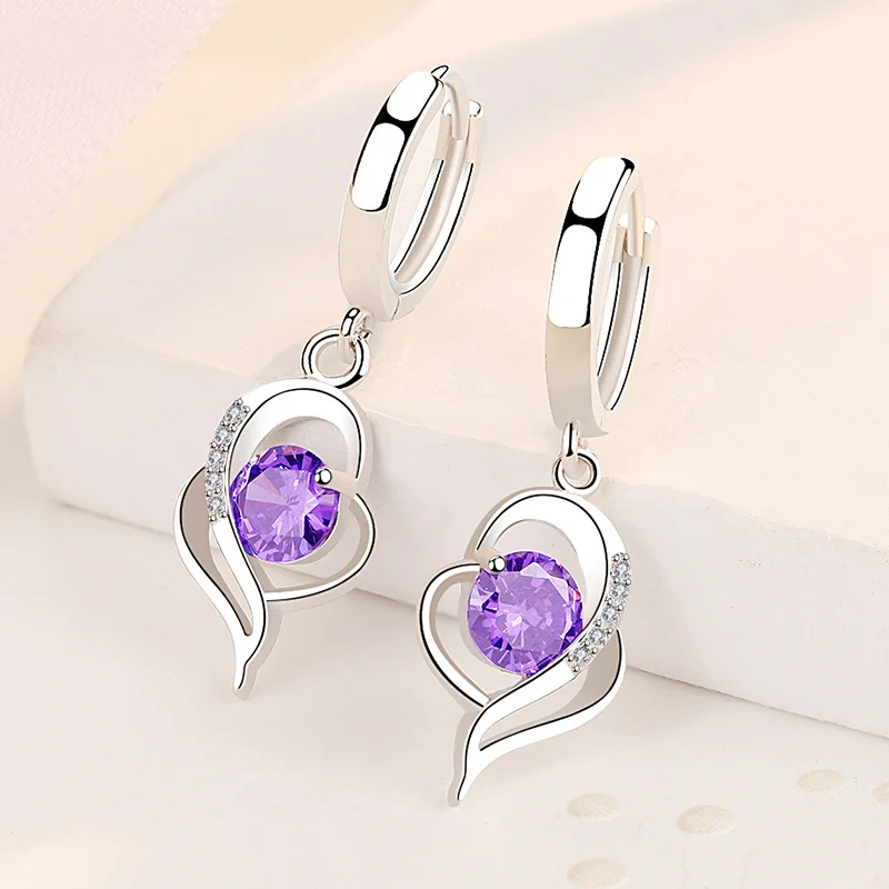 

Fanqieliu Jewelry Wedding Gift Double Heart Natural Purple Crystal Earrings 925 Sterling Silver Drop Earrings For Women FQL20388
