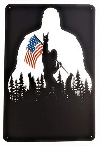 

Metal Tin Sign Vintage Chic Art Decoration Bigfoot Rocks Sasquatch in The USA Bigfoot American Flag for Home Bar Cafe Farm Store