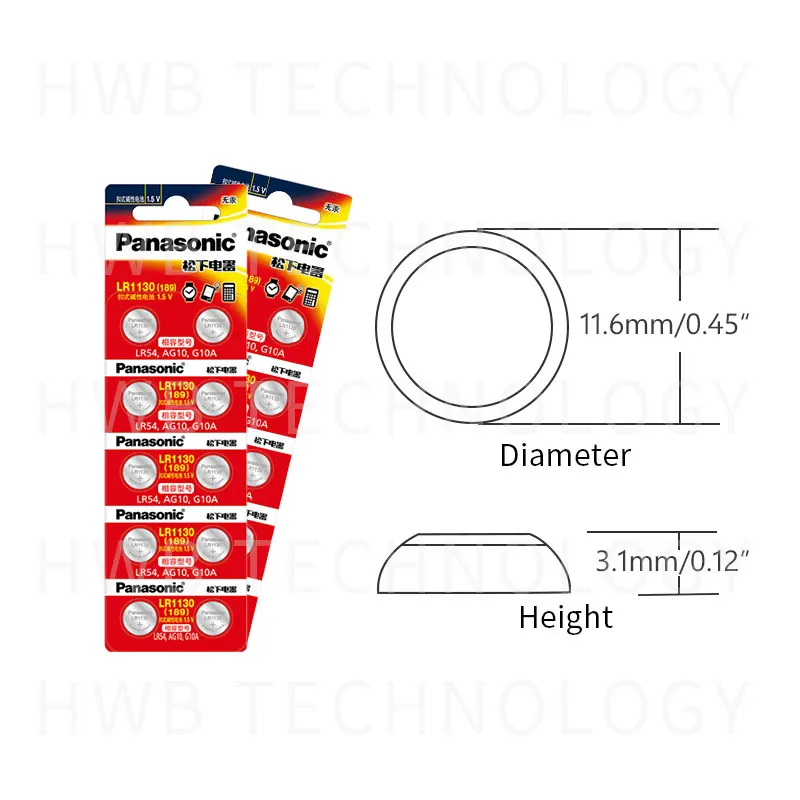 10 шт. 100% оригинальные щелочные кнопочные батарейки PANASONIC LR54 189 AG10 L1131 SR1130 G10 V10GA 389
