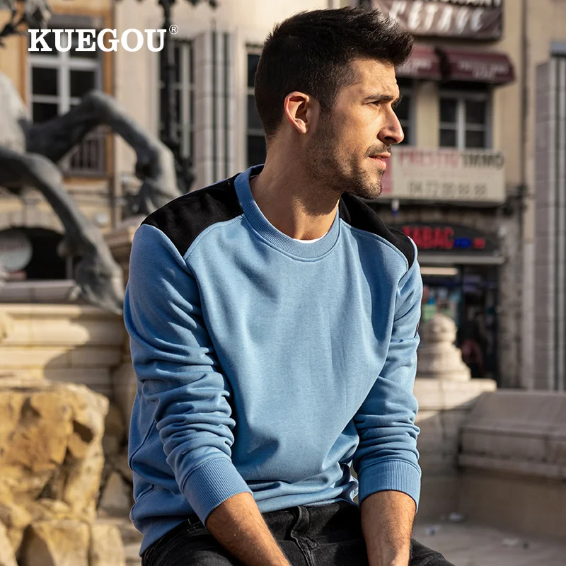 

KUEGOU 2022 Autumn New Blue Hoodies Tracksuit Sweatshirts For Men Fashion Patchwork Print Jogger Top Plus Size 26065