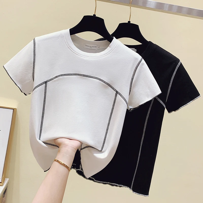 

to film in the summer of 6576 # short sleeve T-shirt female 2021 contracted round collar joker brief paragraph coat ins