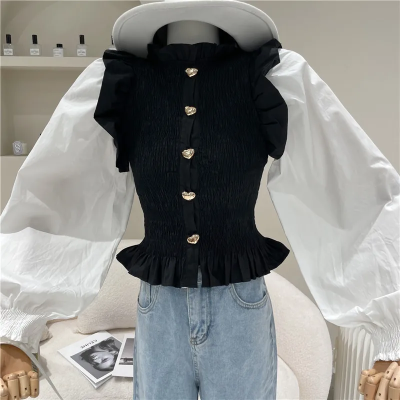 

Women's Spring Summer 2021 Niche Design Fashion Black White Stitched Bubble Sleeve Shirt Slim Pleated Single Breasted Top