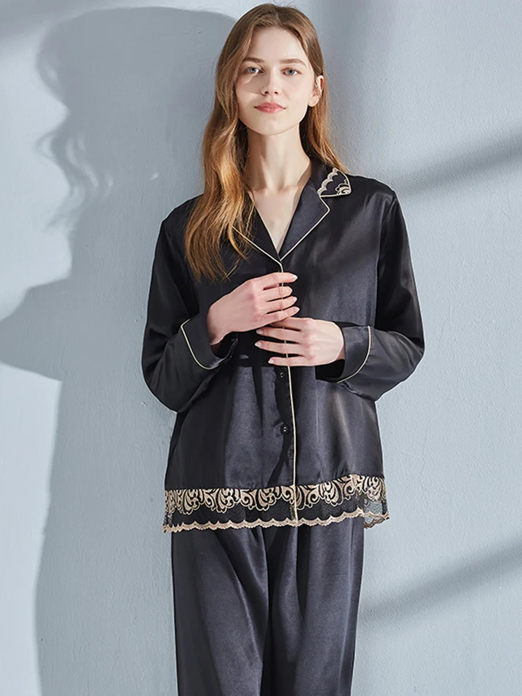100%Nature Silk Pajamas Set for Women Sleepwear Black Satin Silk Pijamas Luxury Nightwear PJs Sexy Pink Pyjama Femme Homeclothes