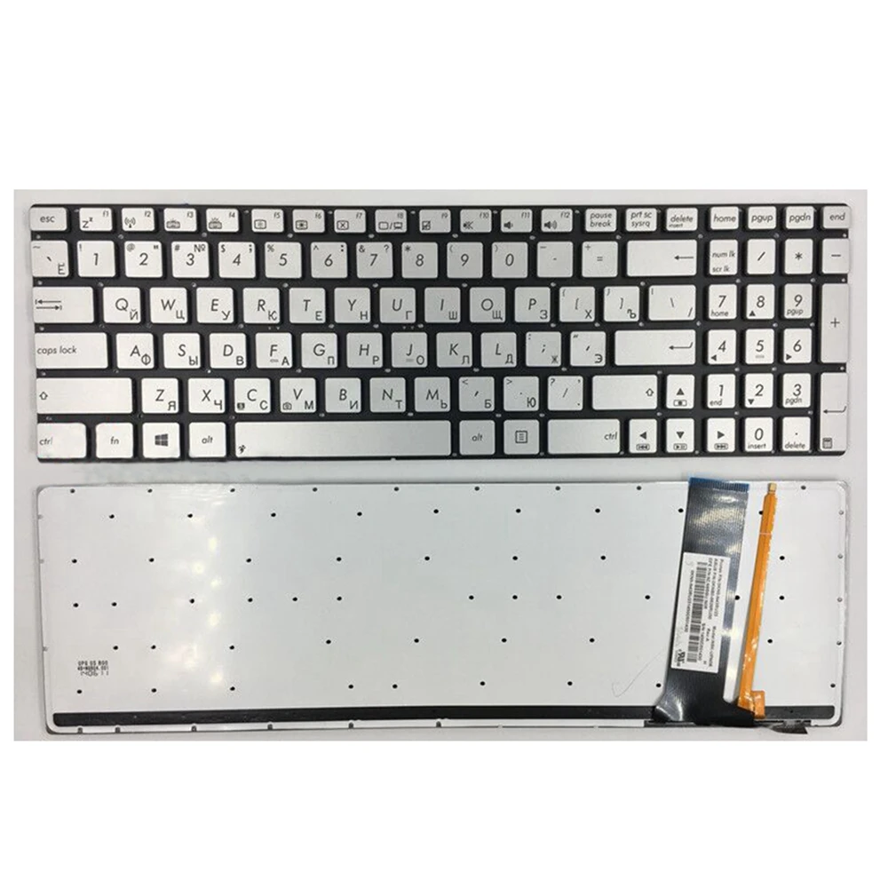 Русская клавиатура для ноутбука ASUS N56 N56V U500VZ N76 R500V R505 N550 N750 Q550 RU раскладка Серебристая с подсветкой Клавиатура для ноутбука