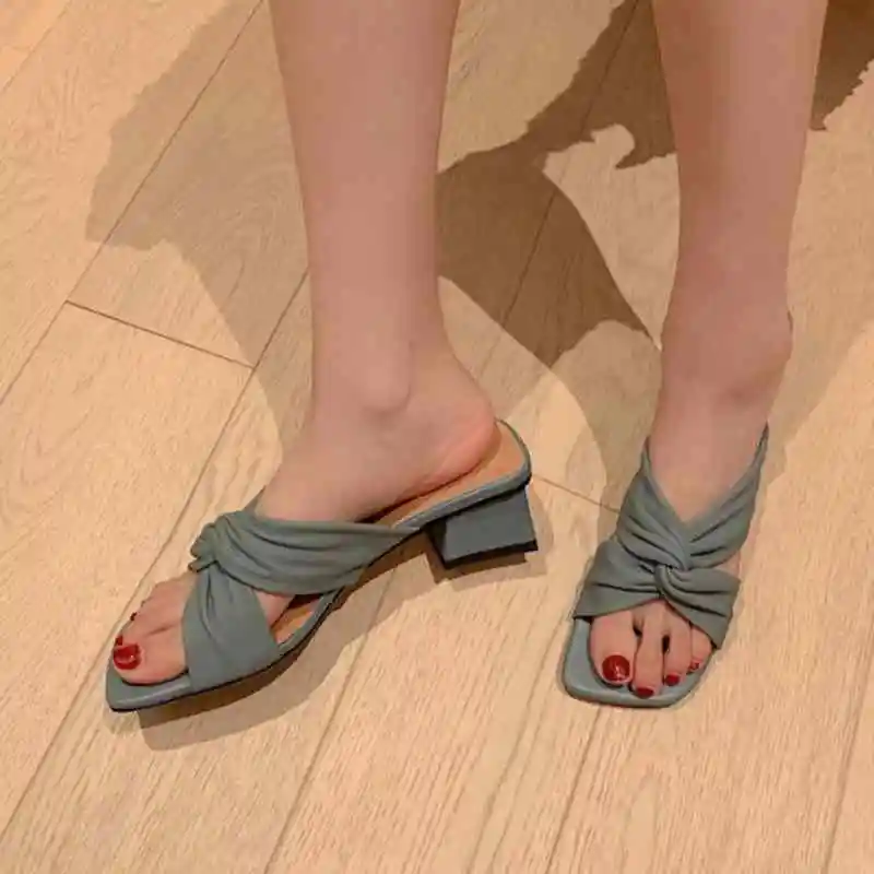 

KemeKiss Size 33-40 Women Real Leather Slippers Low Heel Solid Color Concise Thick Heel Slip On Slides Ladies Footwear Summer