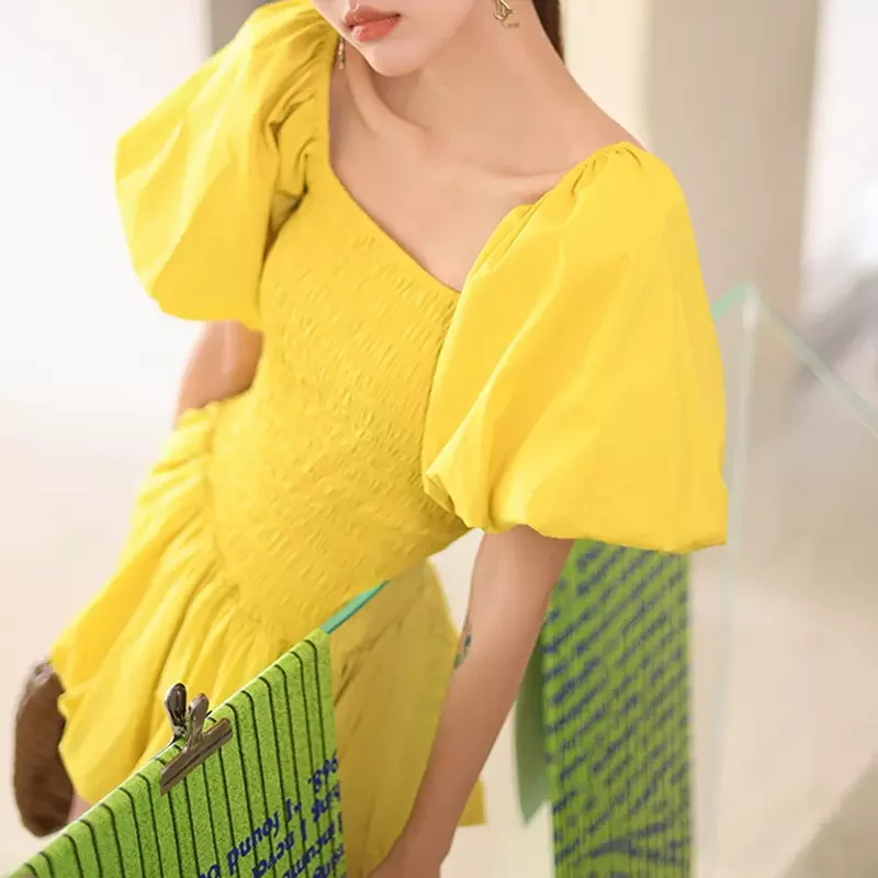 

Sweet Yellow Mini Dress for Women Summer Square collar Puff short sleeve High waist Slim Ball Gown Dresses Female Clothing Rboe
