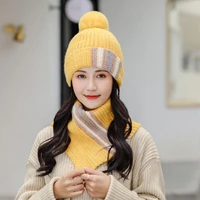 brand new winter knitted hat for women fashion velvet thick warm skullies beanie hats female outdoor riding scarf sets wool caps