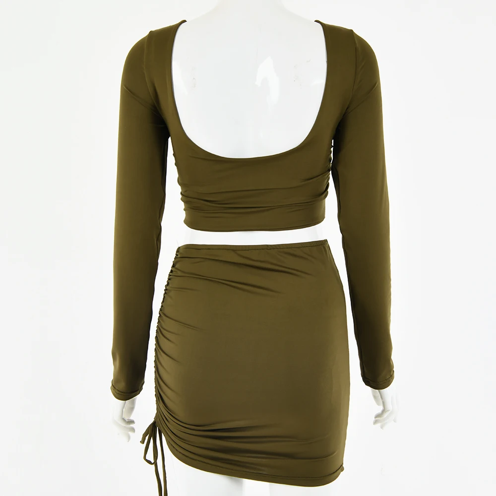 

Chifirena Lace-up Sexy Women Set V Neck Hollow Out Bow Tie Crop Top and Ruched Bodycon Skirt Two Piece Set Women Clothing 2021