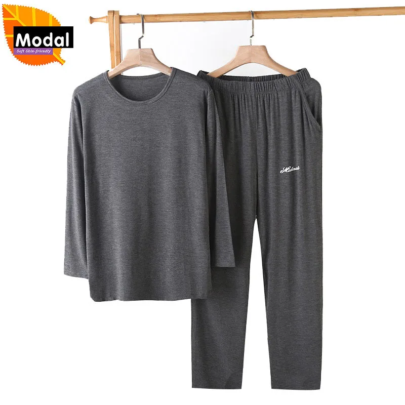 Plus Size 5XL Modal Pajamas For Men Comfortable Thin Sleepwear Loose Casual Home Clothes Long Sleeve Pajama Trousers 2 Piece Set