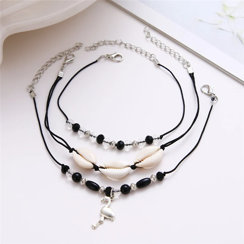 Black Rope Beaded Ankle Chain Animal Pendant Anklets For Women Summer Beach Shell Anklet Bohemian Bracelets On Leg Foot Jewelry