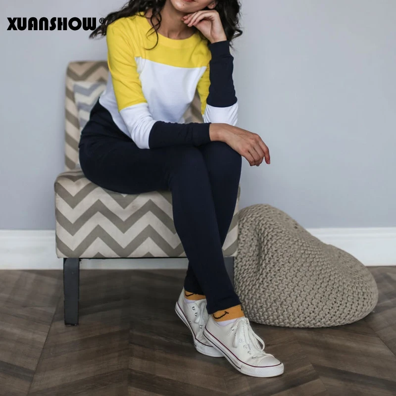 XUANSHOW спортивный костюм женский Новое поступление Осень зима сращивание Длинный рукав Толстовка и длинные брюки Набор из двух частей