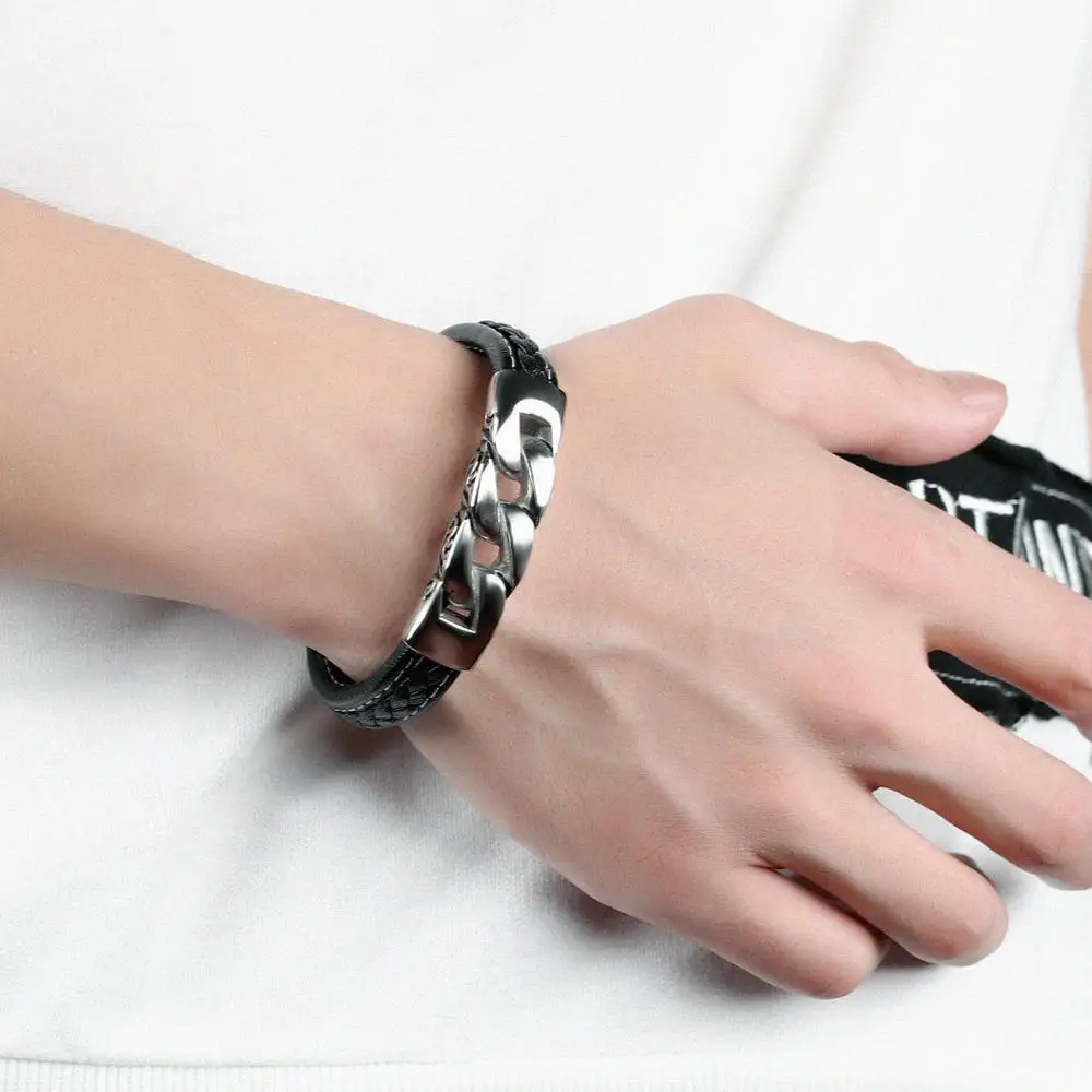 Misheng High Quality Stainless Steel Jewelry Men's Leather Bracelet Link Chain Fashion Brand Accessories 2019 Boyfriend Gift | Украшения