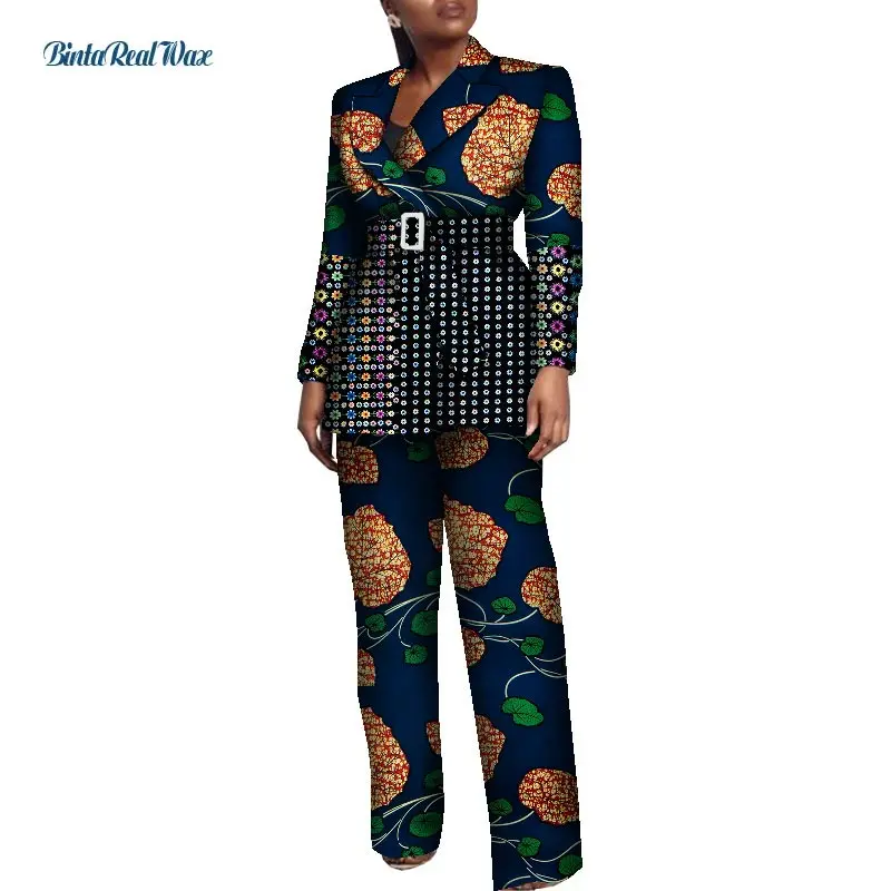 New Office Women Clothes African Print Patchwork Turn-Down Collar Suit Pants for Women Bazin Riche 2 Pieces Pants Sets WY8557