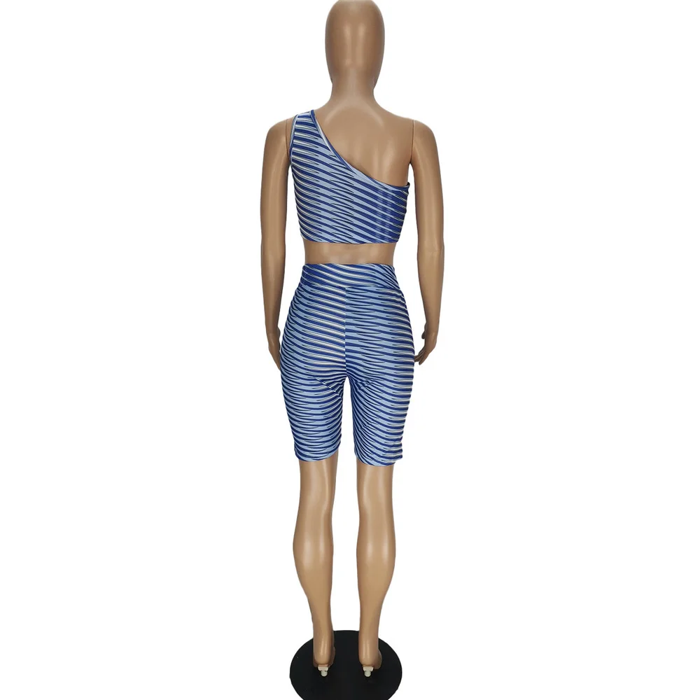

Beachwear Two Piece Set Summer Outfits for Women One Shoulder Striped Crop Top and Elastic Hight Biker Short Casual Skinny Suits